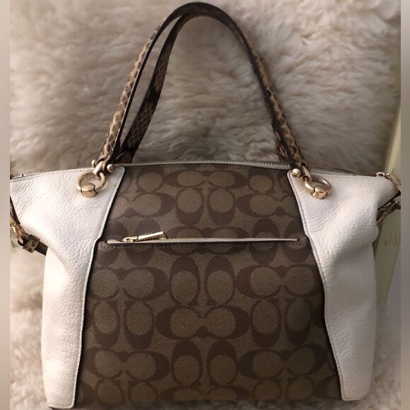 COACH Kacey Small Satchel In Colorblock Signature Canvas Leather Khaki / Cream - Picture 3 of 13